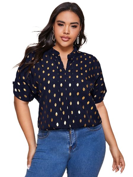 

plus gilding print ruched sleeve blouse k1zs#, Black