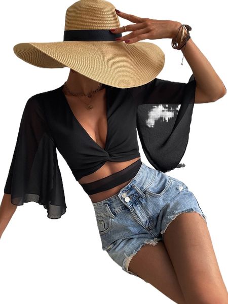 

twist butterfly sleeve tie back chiffon blouse 94cc#, White