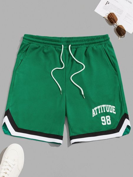 

men letter graphic contrast striped tape drawstring waist shorts g43f#, White;black