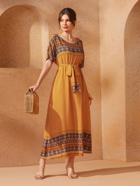 

geo print batwing sleeve belted dress d9vs#, Black;gray