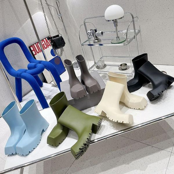 

luxury paris rubber trooper boots black white blue women rain boot womens square toe short tube thick sole and calf non-slip waterproof shoe
