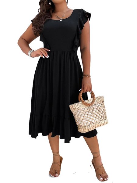 

x joanna plus butterfly sleeve ruffle hem dress s6r5#, Black