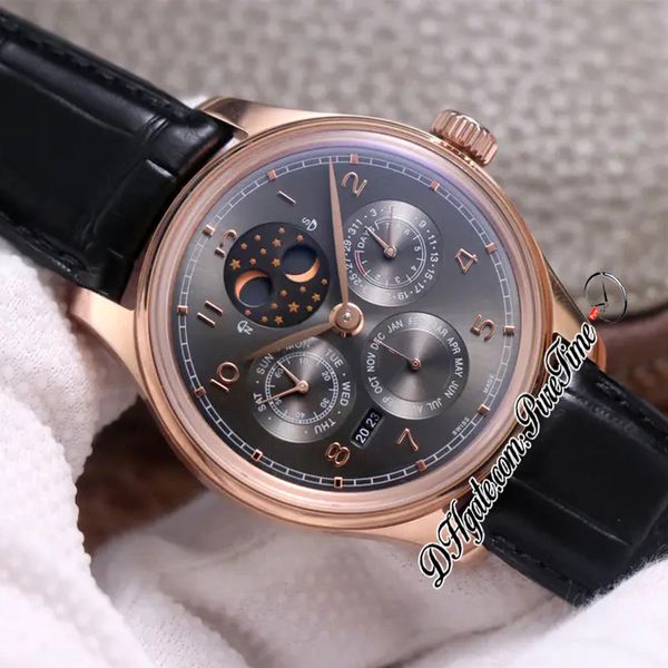 V9F 503404 Calendario perpetuo A52610 Orologio automatico da uomo in oro rosa Quadrante grigio Indici numerici Fase lunare Riserva di carica Pelle nera259o