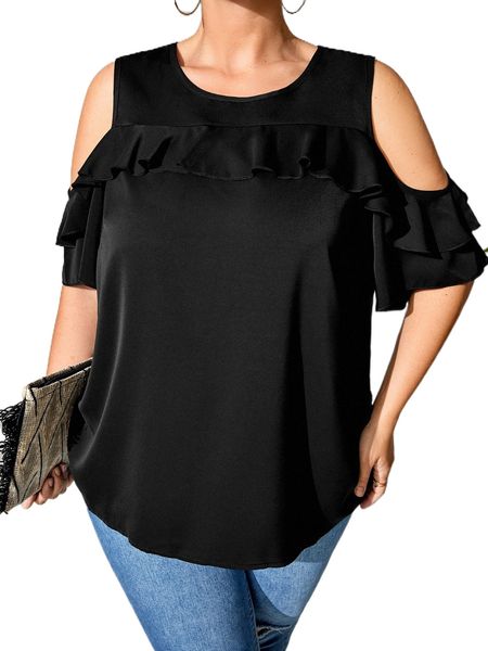 

plus cold shoulder ruffle trim blouse o2yv#, Black