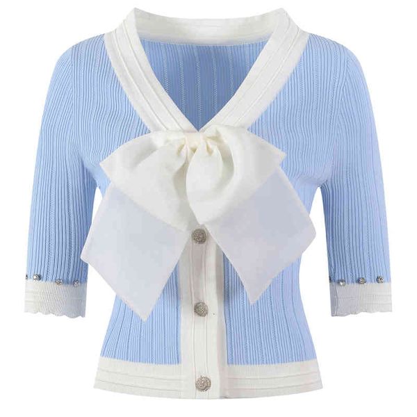 

women's knits tees big bow knit women's clothing spring and summer slim fitting v-neck cuffs diamond studded sweet aging shirt ruu, White