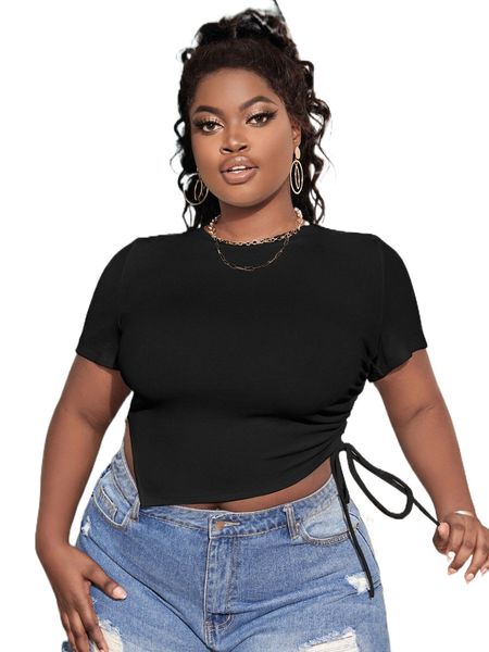 

sxy plus drawstring side asymmetrical hem tee c44q#, Black