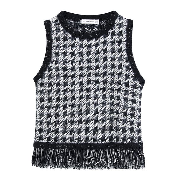 

vintage tweed tassel vests women fashion casual o neck short coats elegant ladies plaid sleeveless vests 201031, Black;white