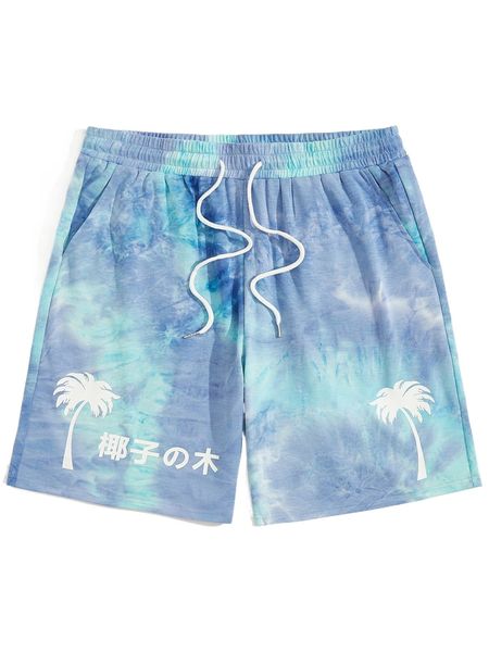 

romwe guys tie dye letter & tropical graphic drawstring shorts v5cu#, White;black