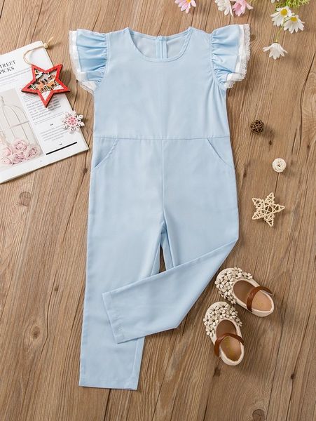

toddler girls slant pockets lace detail flutter sleeve jumpsuit she, Blue