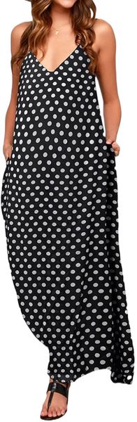 

womens polka dot maxi dress casual summer floral print long boho beach sundress plus size m1dd#, Black;gray