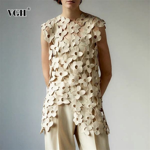 

vgh elegant solid embroidered vests for women o neck sleeveless korean straight hollow out tank females summer fashion 220316, White