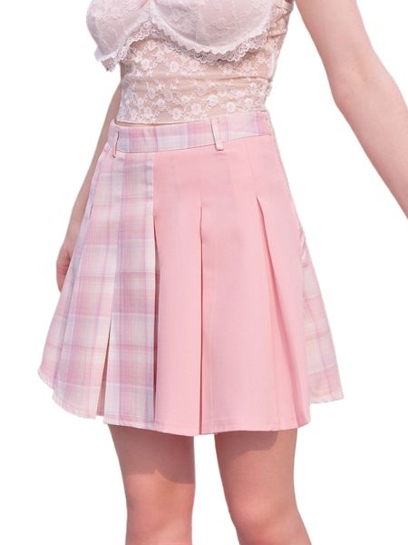 

kawaii colorblock plaid pleated skirt q5xw#, Black
