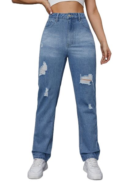 

high waist ripped frayed wash straight leg jeans f6ko#, Blue