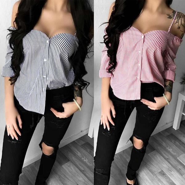 

women's blouses & shirts women striped strap off shoulder blouse casual long sleeve shirt crop tank ser88, White