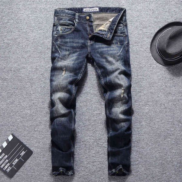 

men's jeans high street distressed jeans men's fashion brand elastic slim fit small feet worn scratches casual pants v9je, Blue