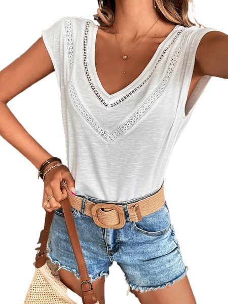 

contrast lace panel batwing sleeve tee h9mb#, White