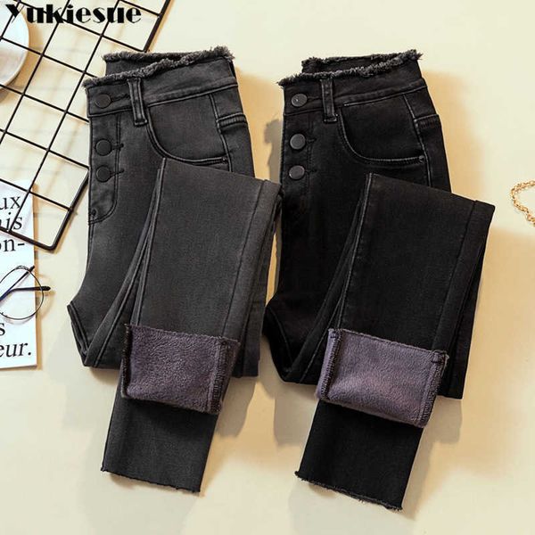 

women high waist velvet thick jeans female winter skinny stretch warm jean pants mom black denim trousers with fleece 210608, Blue