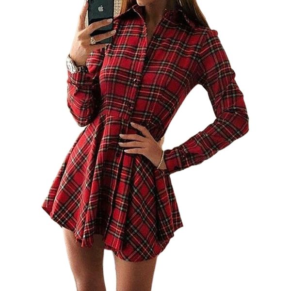 

womens holiday loose button plaid dress long sleeve turn-doen collar ladies fashion autumn mini swing sun casual dresses q2p0#, Black;gray