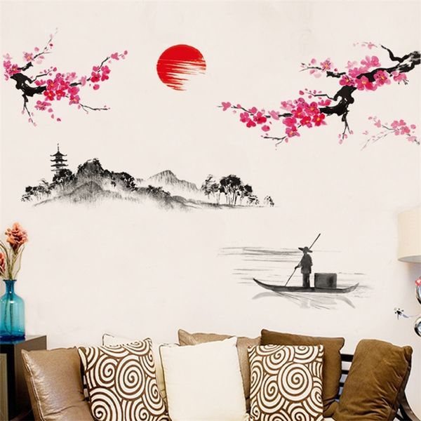 Pflaume Sonnenaufgang Landschaft Kunst im chinesischen Stil Wandaufkleber Wohnzimmer Schlafzimmer Hintergrund für Heimdekoration Wandtattoo Tapete 220607