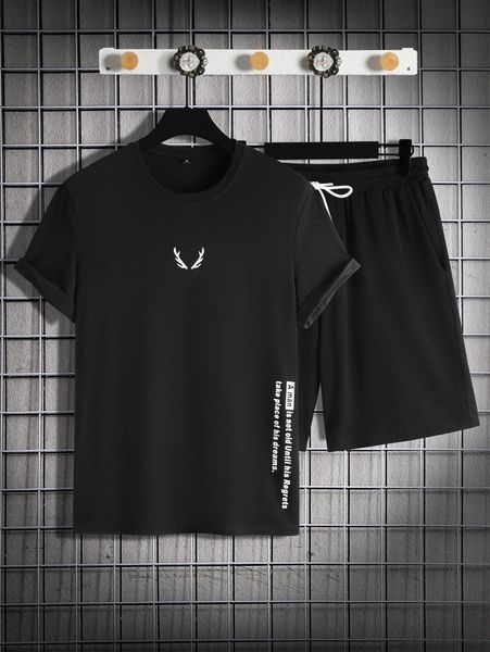 

men antler & slogan graphic tee & drawstring waist shorts y52b#, Gray