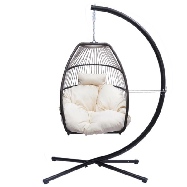 

outdoor patio wicker folding hanging chair,rattan swing hammock egg chair with c type bracket , with cushion and pillow w41928445