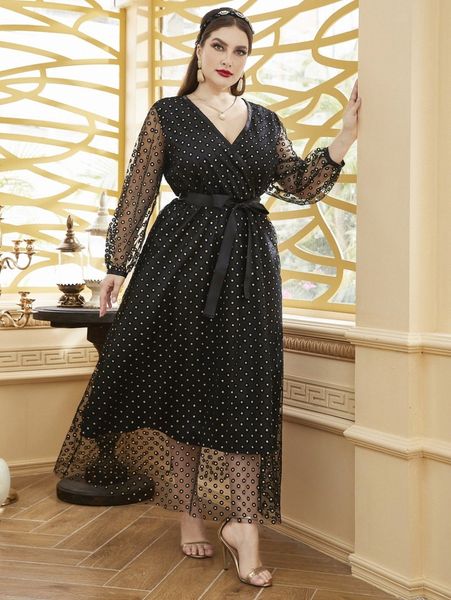 

plus contrast mesh polka dot belted dress k4tv#, Black