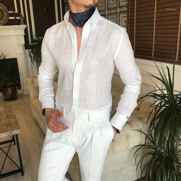 Vestido masculino camisas 2022 moda estilo italiano magro encaixar-se vertical colarinho de linho camisa branca macacão macho masculino negócio casual