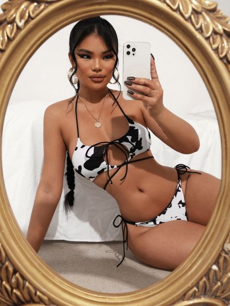 

cow print cross tie side bikini swimsuit 77sk#, White;black