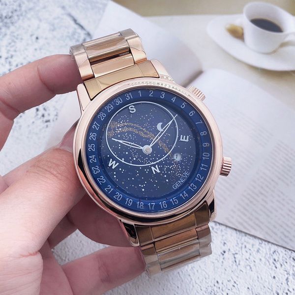 

2022 new luxury mens watches quartz watch brand calendar function clock steel belt fashion accessories montre the universe of stars, Slivery;brown
