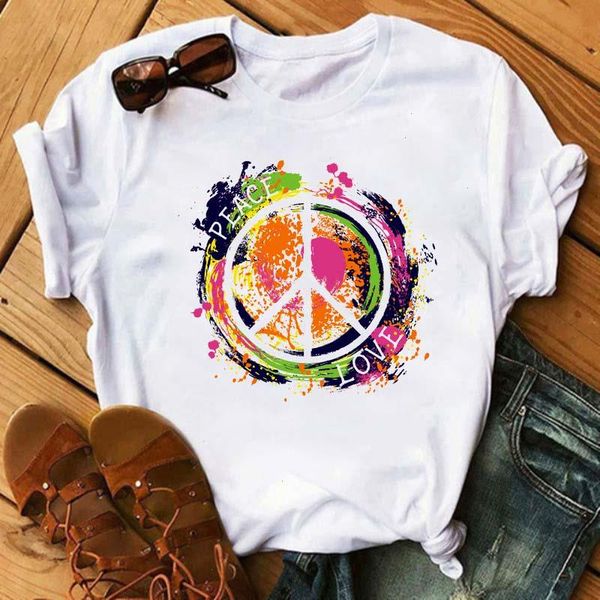 

peace love t shirt summer women short sleeve leisure tee casual ladies female shirts woman clothing, White