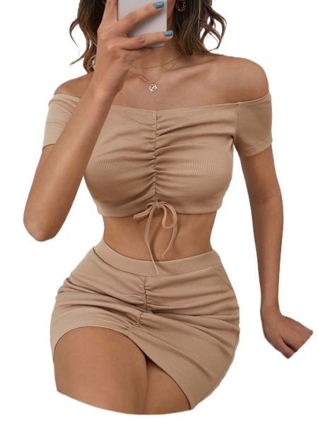 

off shoulder ruched tie front & bodycon skirt b56s#, White