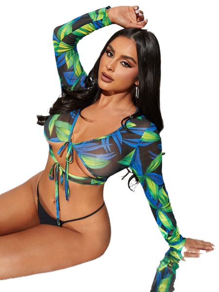 

plant print mesh tie front kimono c7pv#, White;black
