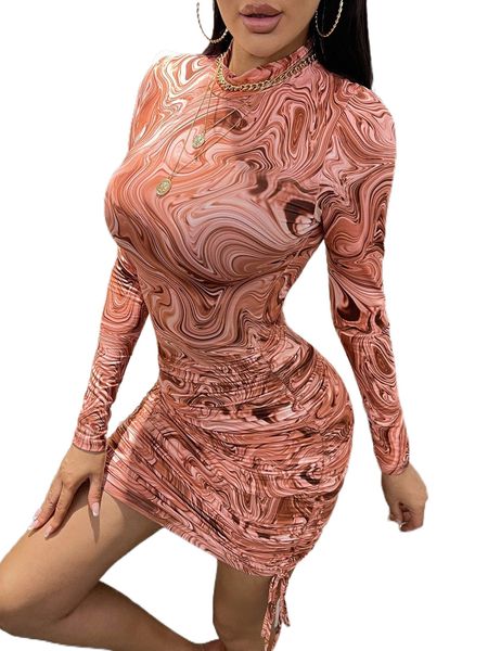 

marble print mock neck drawstring side bodycon dress r6fz#, Black;gray