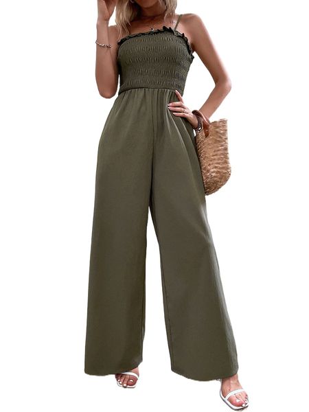 

shirred frill trim wide leg cami jumpsuit m930#, Black;white