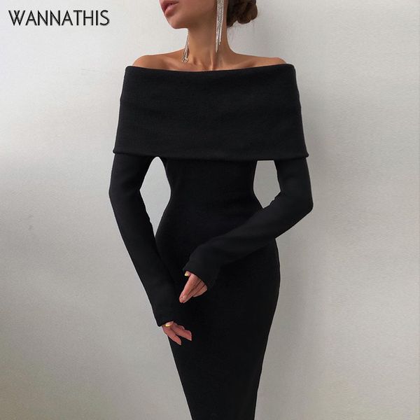 

mid dress women off shoulder long sleeve skinny solid color elegant dress women casual autumn 2022 cotton basic simple, Black;gray