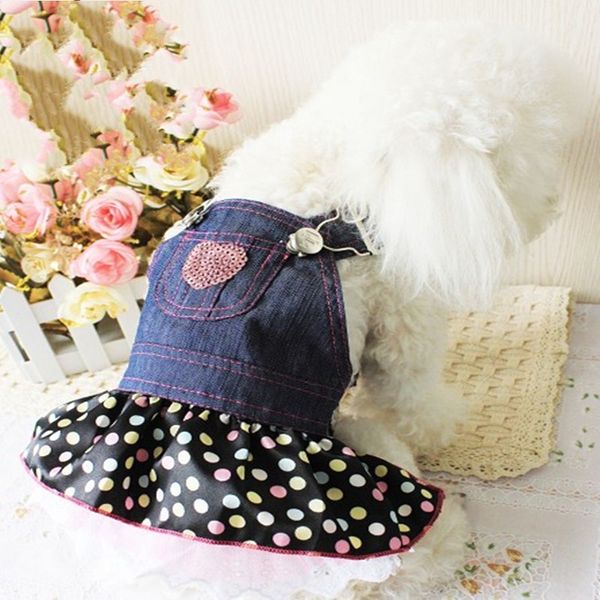 Haustier Hund Denim Jean Rock Kleid Doggie Puppy Kostüm Kleidung Handgefertigte Pailletten Sweet Heart Pocket Spitzensaum 1352 D3