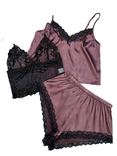 

3pcs contrast lace satin pj set 02ip#, Black;red