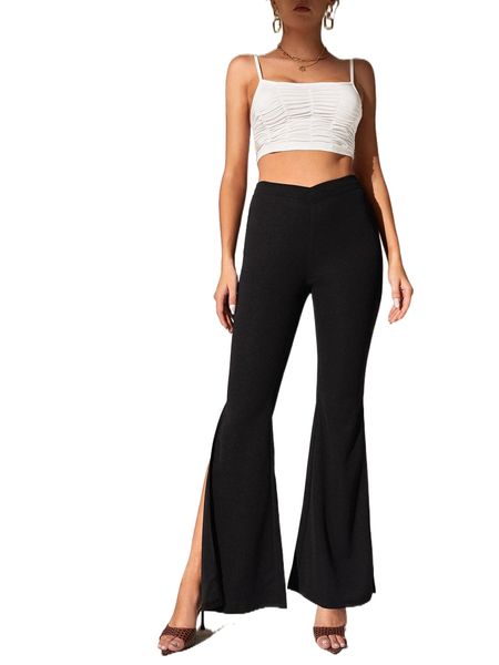 

tall asymmetrical w.aist s.plit hem f.lare l.eg p.ants p6at#, Black;white
