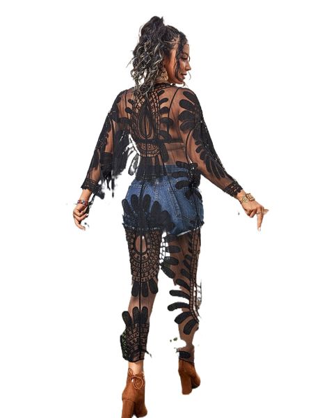 

paisley embroidered mesh tie front kimono h48r#, White;black