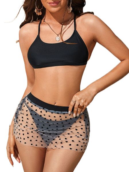 

solid bikini swimsuit & heart pattern beach skirt b5eb#, White;black