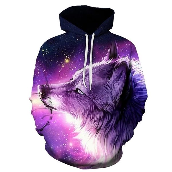 Biaolun Fashion Galaxy Space Coodie Bright Wolf Print толстовиты толстовины мужчины женские унисекс пулверы с капюшоном животные топы LJ201103