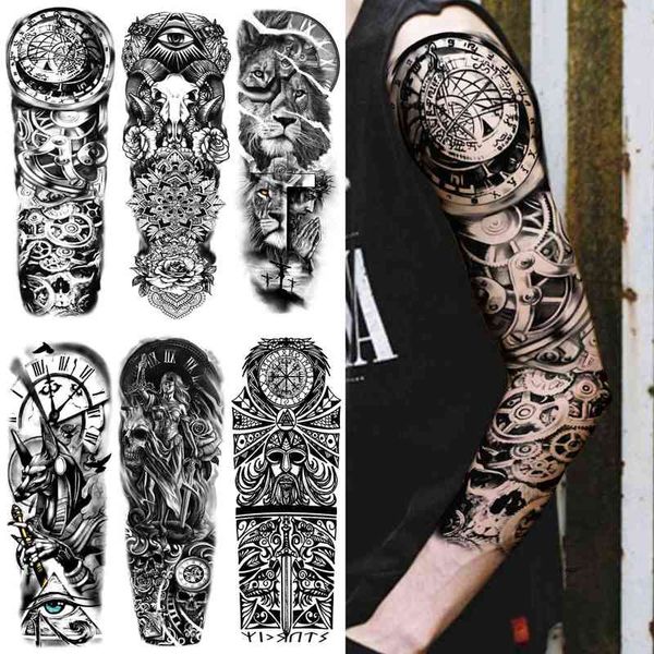 NXY Geçici Dövme Süper Büyük Pusula Kollu Erkekler Kadınlar Için Yetişkin Sahte Tribal Totem S Sticker Siyah Aslan Tatoos Tam Kol 0330