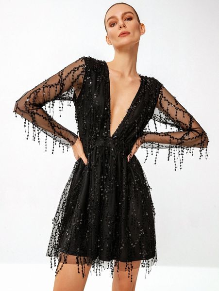 

double crazy deep v neck sequin a-line dress j998#, Black;gray