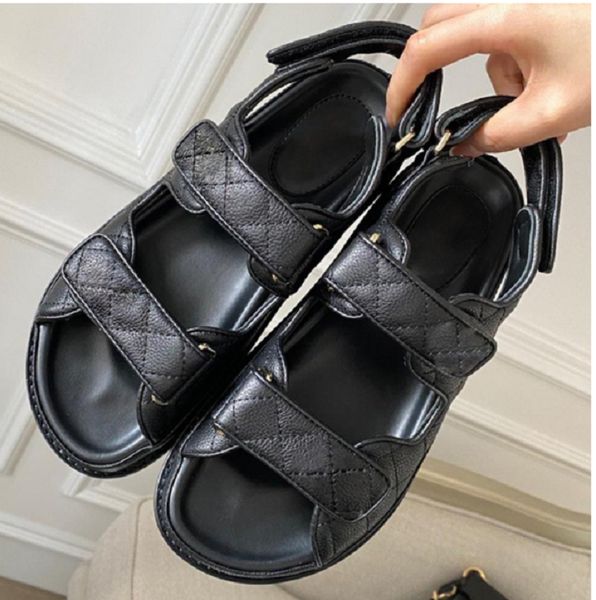 

designer women sandals womens slides crystal calf leather casual shoes quilted platform summer beach slipper grid front rear strap hook loop, Black