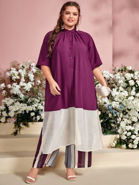 

plus mock neck colorblock & striped wide leg pants set l0hd#, Black