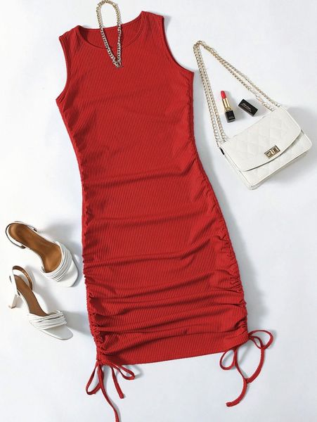 

drawstring side rib-knit bodycon dress g5dl#, Black;gray