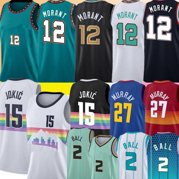 12 Ja # Morant Maglie da basket 15 Nikola man White Jokic 27 Jamal Murray Jersey 2 LaMelo Green Ball Maglie loghi cuciti Nero Blu Grigio S M L XL XXL