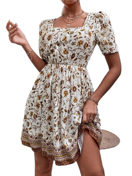 

floral print square neck puff sleeve tie back dress q1tk#, Black;gray