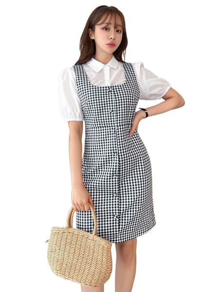 

dazy puff sleeve & plaid single breasted dress x9gj#, White