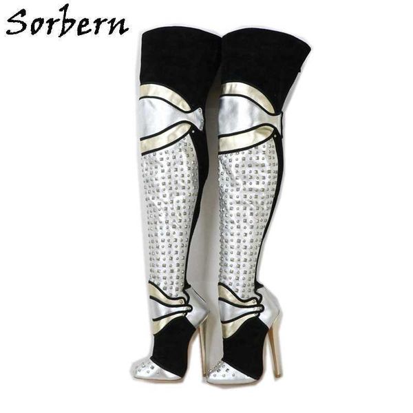 

sorbern over the knee boots punk rivets pointed toe size 36 stilettos high heels custom wide calf shaft long boot lady shoe, Black